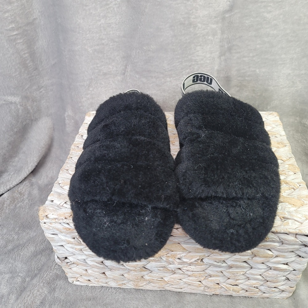 UGG Fluff Yeah Slide Black Sheepskin Slingback Slipper Y2K Size 5 Soft Girl Cool - Picture 2 of 7